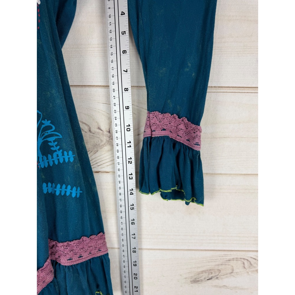 Rising International Dress Large Teal Floral Embroidered Bell Sleeve Tunic Boho - Picture 5 of 7